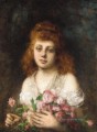 Auburn behaarte Schönheit mit Blumenstrauß aus Rosen Mädchen Porträt Alexei Harlamov